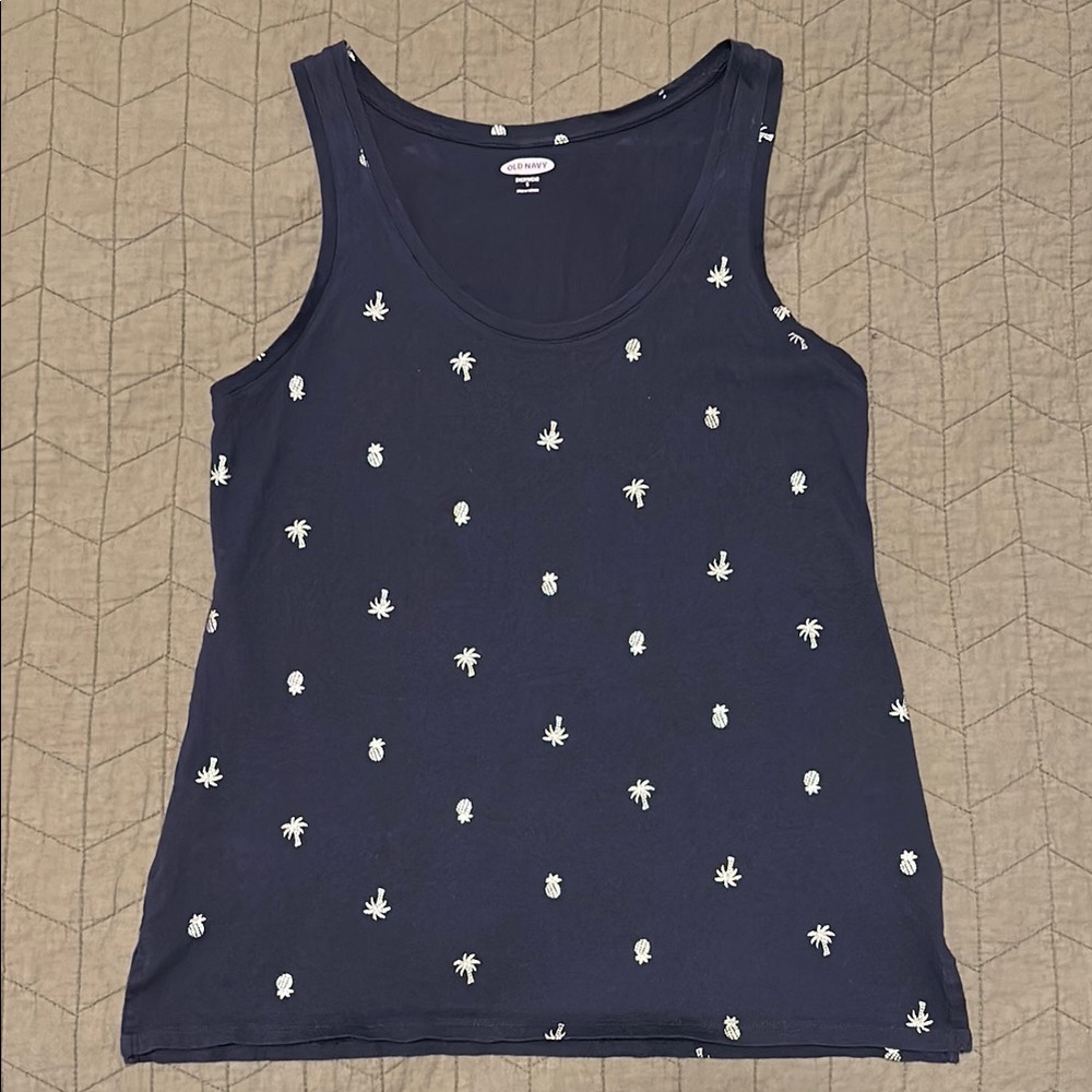 Navy Blue Tank Top with White Palm Tree and Pineapple Print